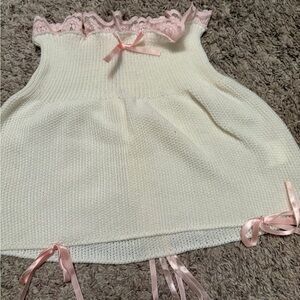 Girls Cream Knit Tank Top with Pink Lace Trim